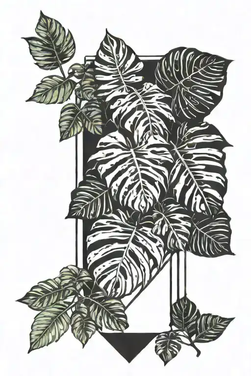 Diamond Shaped Line Around Monstera Leaves And Ferns Sticking Out