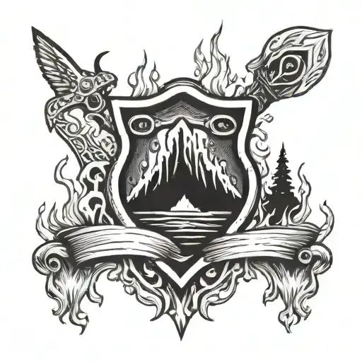 A Flaming Shield Adorned With A Mountain And A Hammer