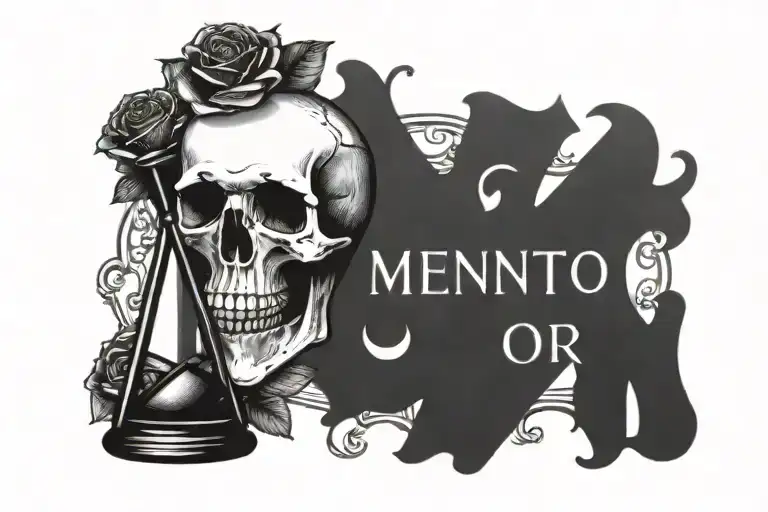 Memento Mori Lettering With A Hourglass A Skull And A Rose In A Vase Below It