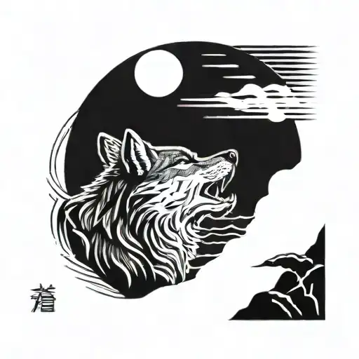 A Wolf Howling At The Moon In A Traditional Japanese Woodblock Print Style