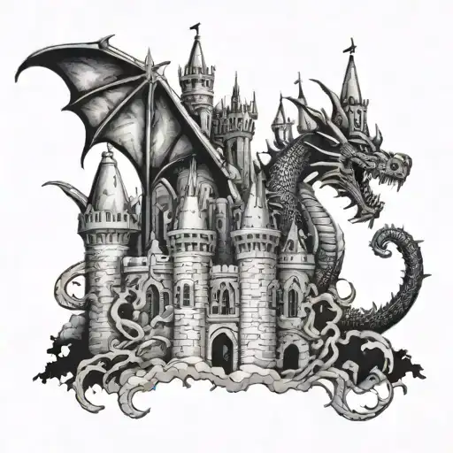 A Dragon Breathing Fire Onto A Gothic Castle With Intricate Stone Carvings And Winding Towers