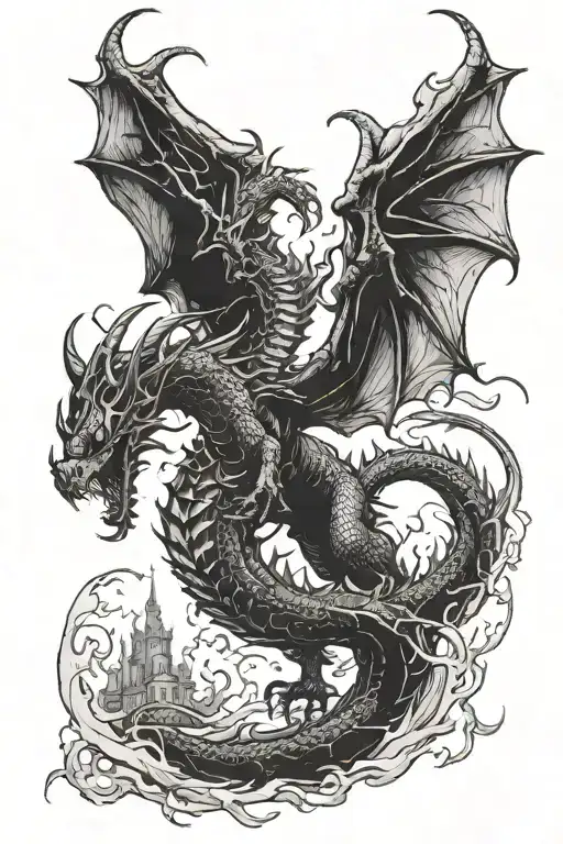 A Dragon Custoding A Gothic Whit A Demon In The Air