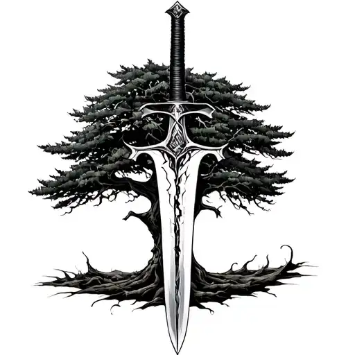 A Broken But Sharp Sword With A Cypress Tree Combined