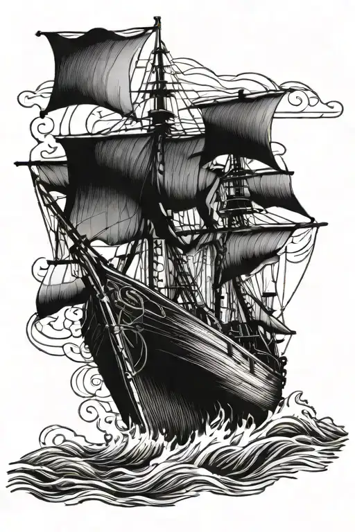 A Detailed Blackwork Tattoo Of A Vintage Fishing Boat On Rough Waters