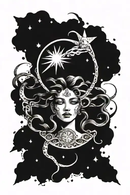 A Medusa Design Combined With Celestial Elements Like Stars And Moons Realistic