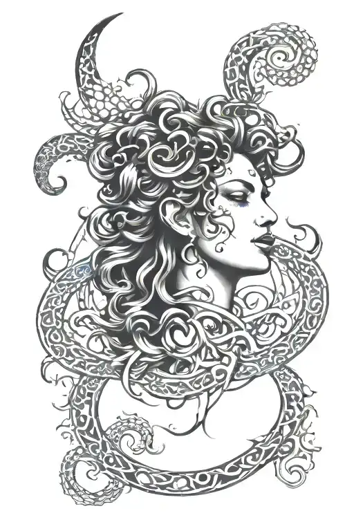 A Medusa Design Combined With Celestial Elements Like Stars And Moons Realistic
