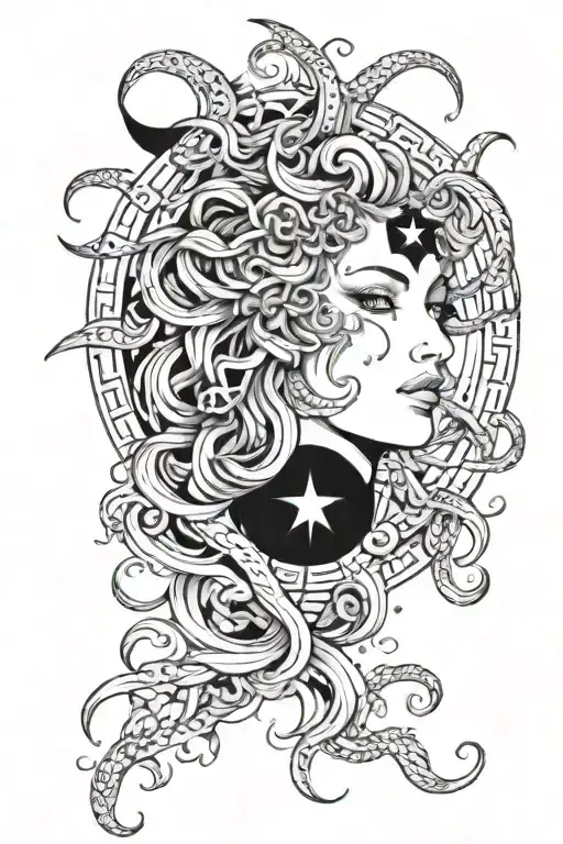 A Medusa Design Combined With Celestial Elements Like Stars And Moons Realistic