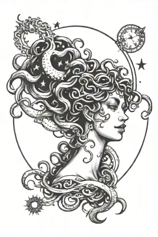 A Medusa Design Combined With Celestial Elements Like Stars And Moons Realistic
