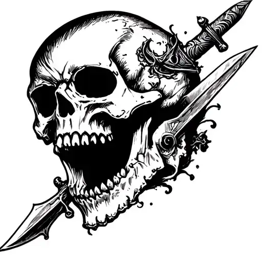 Skull With Open Mouth And A Dagger Piercing Through The Head And Mouth