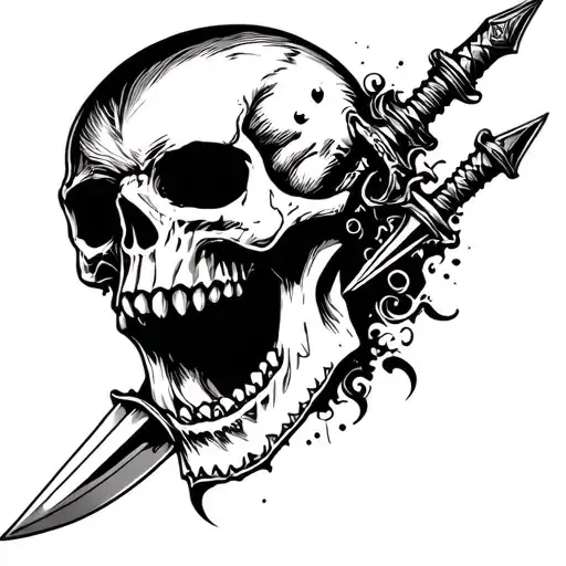 Skull With Open Mouth And A Dagger Piercing Through The Head And Mouth