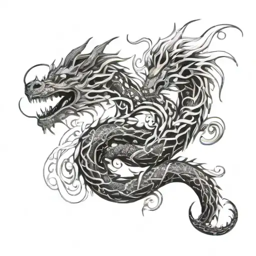 A Dragon Wrapped In Swirling Blackwork Clouds