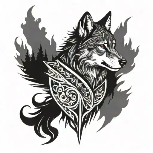Black And White Nordic Warrior Decal With Wolf Reflection