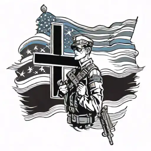 American Flag Fading Into Thin Blue Line Flag With Cross And Officer Saluting