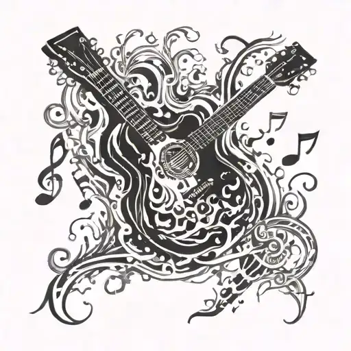 A Guitar Engulfed In Flames With Musical Notes Floating Around It