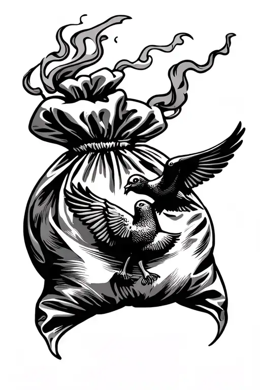 Money Bag Tattoo With Smoke And Dove