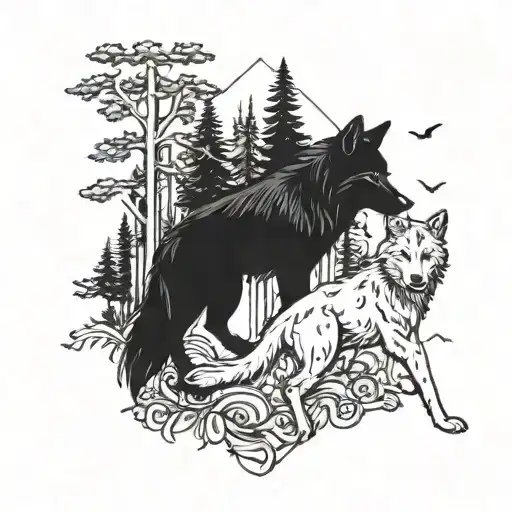 A Wolf And A Dog Playing Together In A Forest Setting Inspired By Video Game Graphics