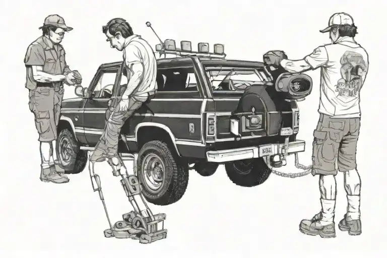 Father And Son Performing Maintenance On 1989 Ford Bronco