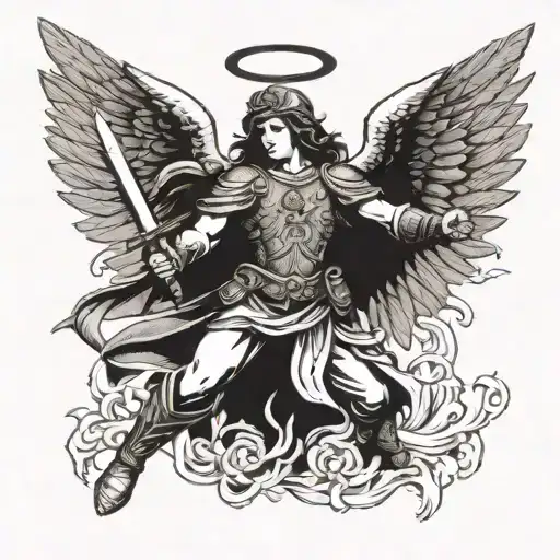 Archangel Fighting With Open Wings Carrying A Sword And An Ak47 Gun