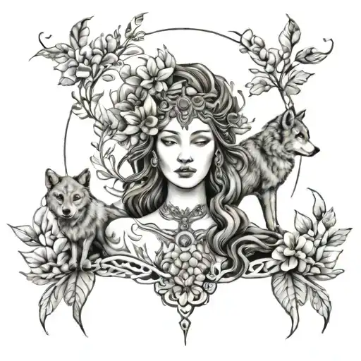 Goddess With A Wolf And Nature Inspired