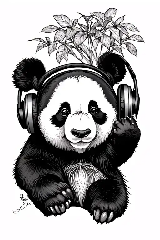 Panda With Headphones Listening To Music