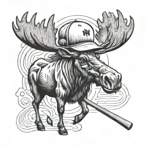 A Baseball Themed Tattoo With A Moose Holding A Bat And Wearing A Baseball Cap