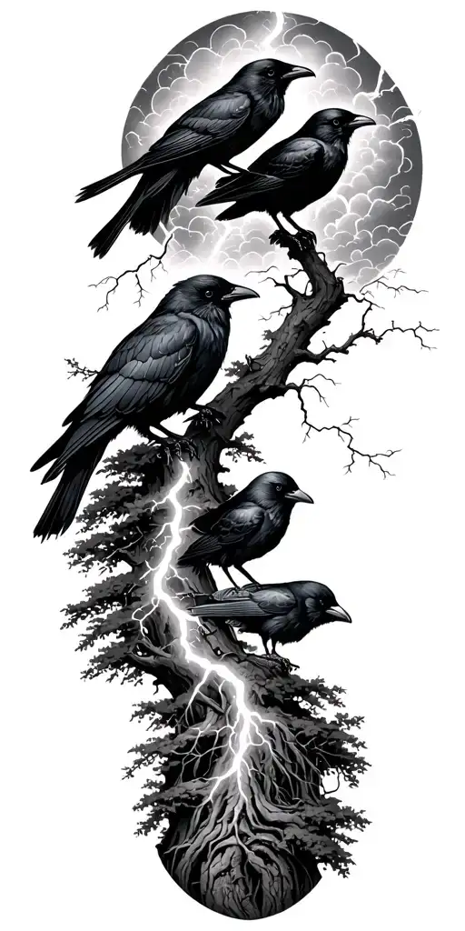 4 Crows With Trees And Cloudy Lightning Storm