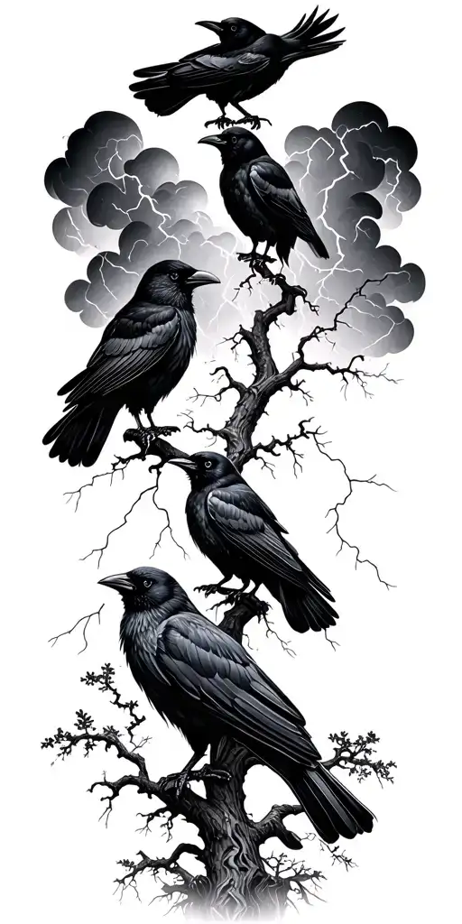 4 Crows With Trees And Cloudy Lightning Storm