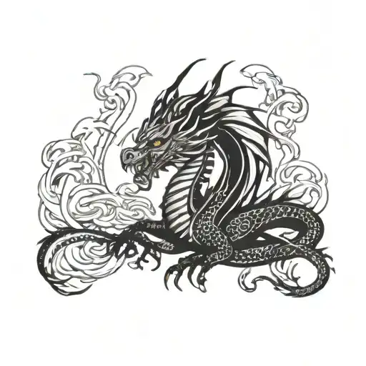 Dragon Surrounded By Fire Flames