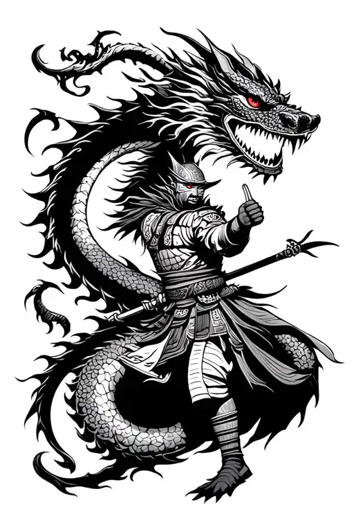 Japan Temple Samurai Warrior Battling A Dragon