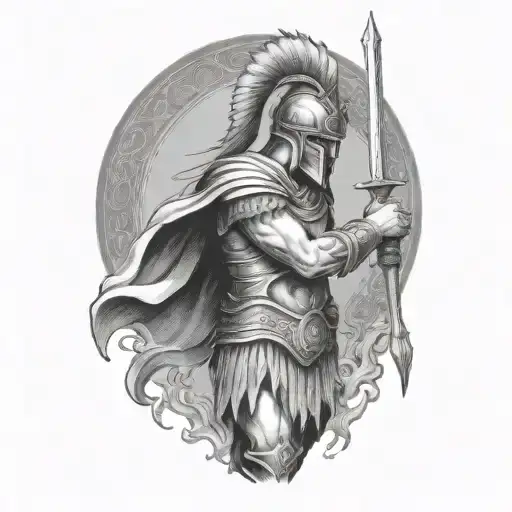 An Ancient Greek Warrior Standing Battle Ready With Flames Around His Lower Body