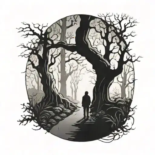 A Lone Figure Walking Through A Mysterious Forest