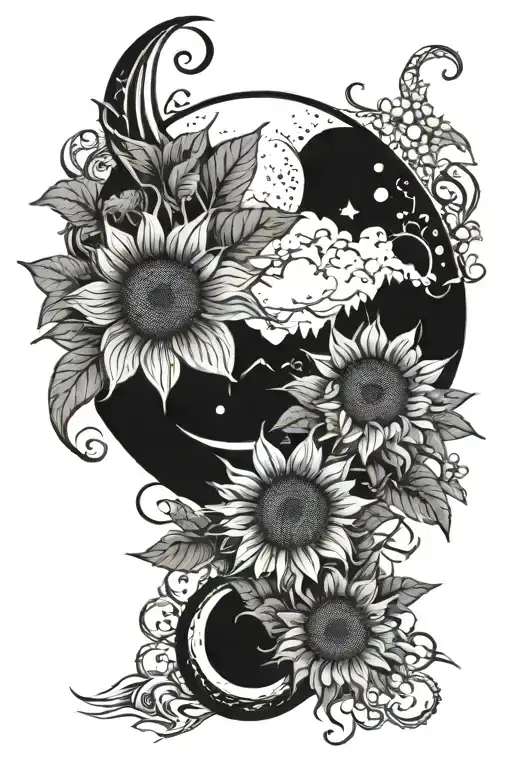 Crescent Moon With Sunflowers And Mountains