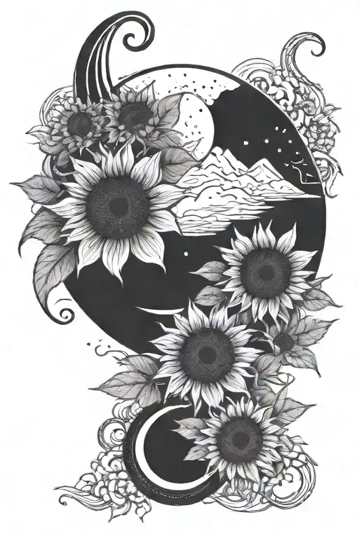 Crescent Moon With Sunflowers And Mountains Filled With Trees