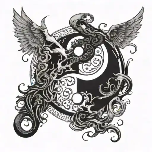 Yin And Yang Symbol With A Demon And Angel Intertwined