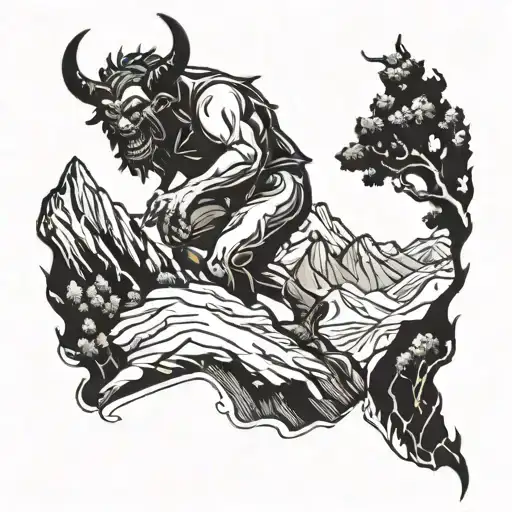 A Demon Hiking Up A Mountain With A Devilish Grin