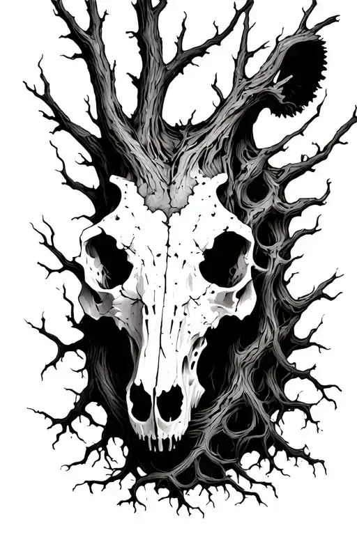 Dead Tree With Roots That Weave Through The Holes Of A Hyena Skull