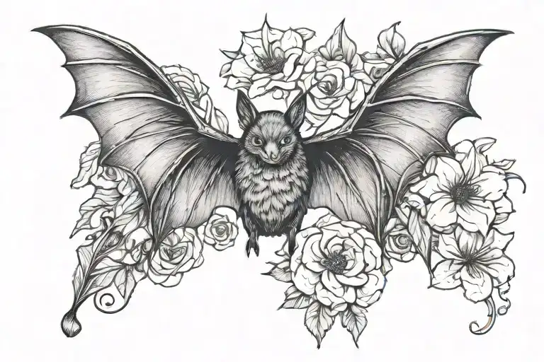 Pretty Bat With Wings Spread And Flowers