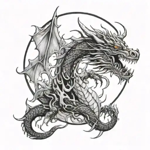 Dragon In Flames Surrounding The Full Moon