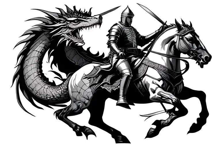 Knight On Horseback With A Lance Killing A Dragon