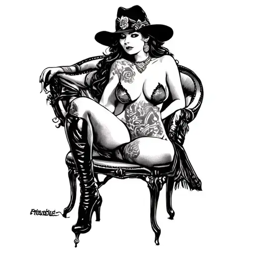 Western Pinup Girl Sitting With Bare Breast