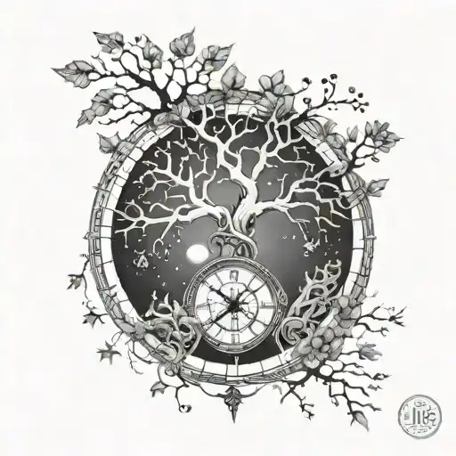 A Cosmic Tree Of Life Intertwined With A Skeletal Clock Representing The Passage Of Time