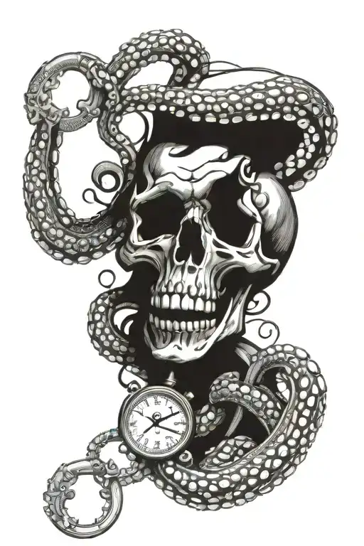 Octopus Stretching Tentacles Holding Skull And Stopwatch