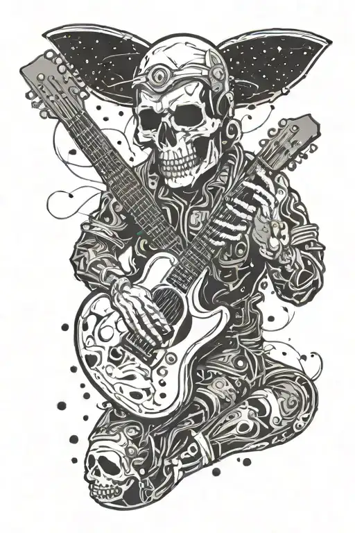 A Skull Playing The Guitar With A Space-themed Background