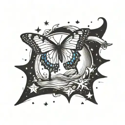 A Small And Delicate Tattoo Of A Butterfly Flying Over A Sea With Stars In The Background