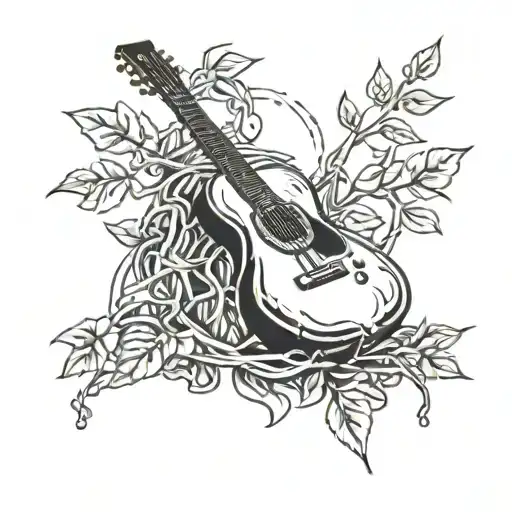 A Combination Tattoo Of A Guitar And A Military Dog Tag Intertwined With Branches And Leaves