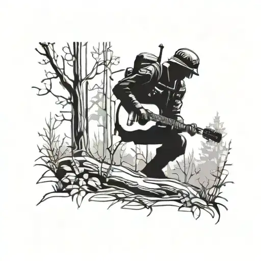 A Silhouette Of A Soldier Playing A Guitar In A Peaceful Forest Setting