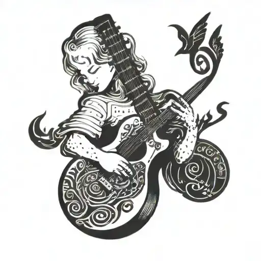 Incorporate A Guitar Being Played By An Angelic Figure Surrounded By Musical Notes And Symbols