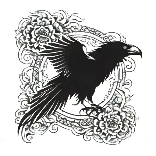 Detailed Black Tattoo Design Featuring A Crow And A Lion