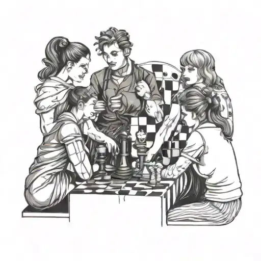 3 Women Around Chessboard Playing Chess And Man Holding King