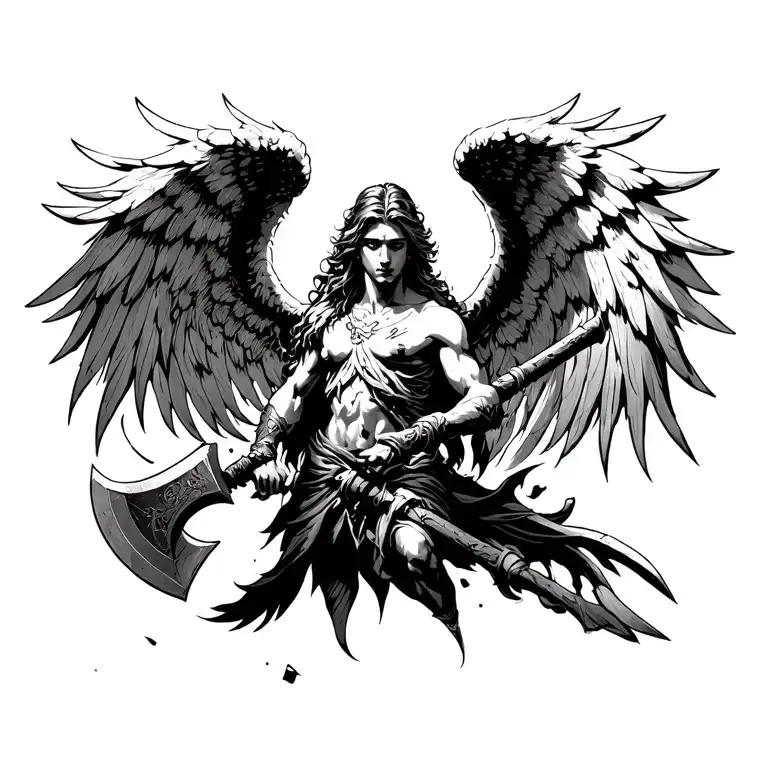 Protective Angel With Big Wings And Big Double Axe Destroying Enemy